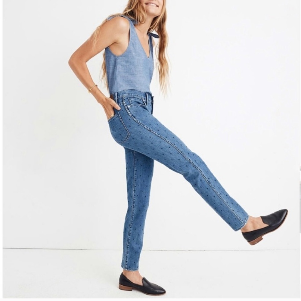 New Madewell Slim Straight Jeans Navy Dot Edition Polka Dots High Rise Denim